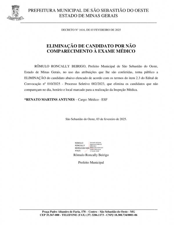 Eliminação de candidato por não comparecimento à exame médico - Decreto 1616/2025