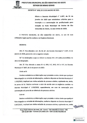 Altera o Decreto Municipal nº 1.607, de 21 de janeiro de 2025 que estabelece critérios para a inscrição e a contratação de profissionais para atuação na Rede Municipal de Ensino