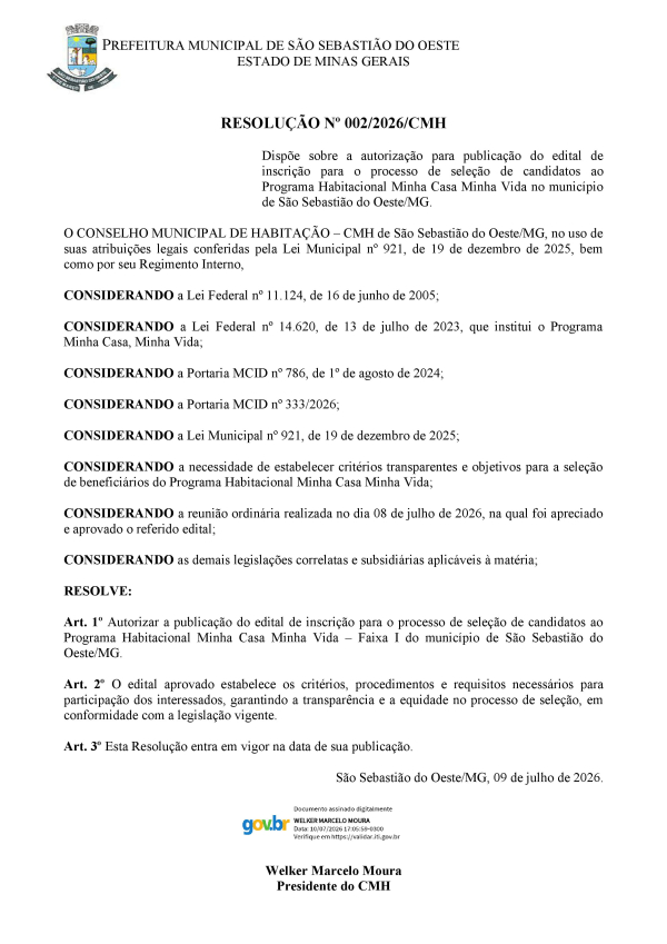 Resolução Nº 002/2026 CMH