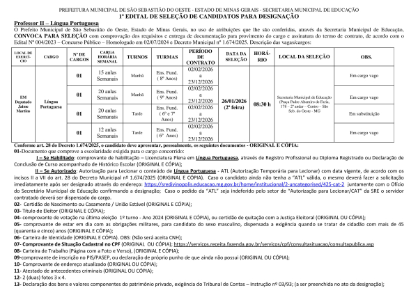 Convocação Professor II – Língua Portuguesa - Edital 01/2026