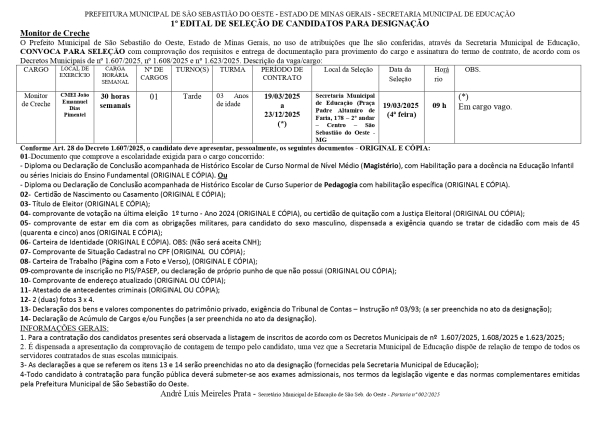 Edital 01/2025 - Designação de Monitor de Creche