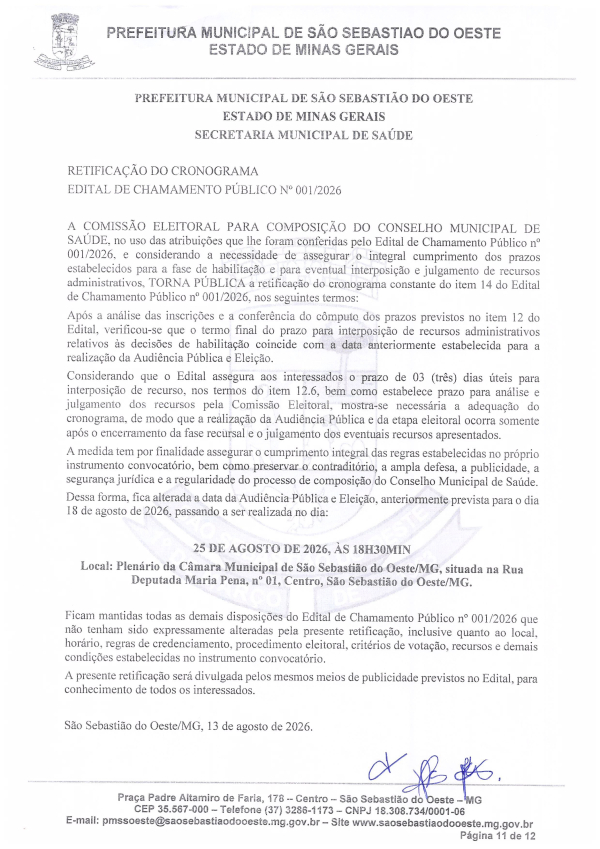Retificação do Cronograma - Composição do Conselho Municipal de Saúde