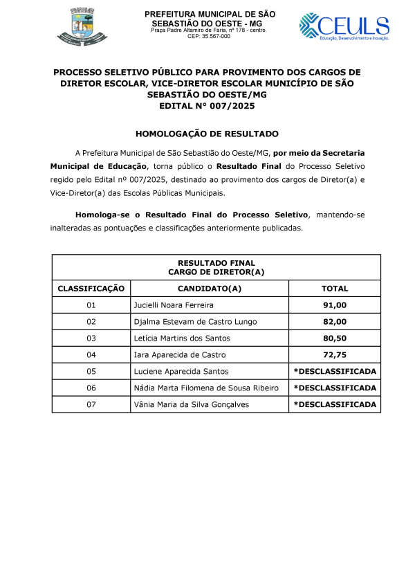 Homologação de Resultado - Processo Seletivo Público para Provimento dos Cargos de Diretor Escolar, Vice-diretor Escolar Município de São Sebastião do Oeste/MG Edital n° 007/2025