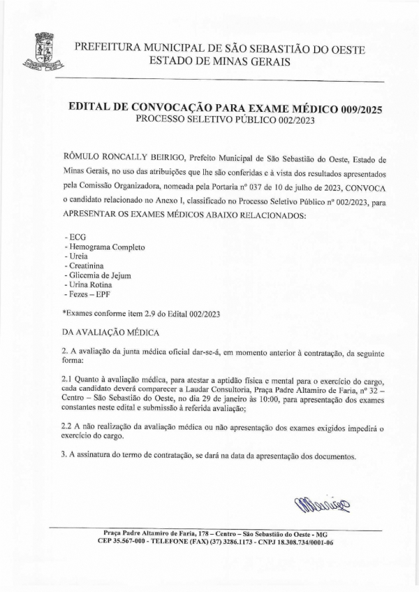 Edital de Convocação para Exame Médico n° 009/2025 - Processo Seletivo Público 003/2023