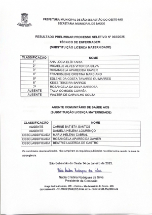 Resultado Preliminar Processo Seletivo N° 002/2025 - Técnico de Enfermagem (Substituição Licença Maternidade)