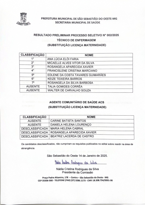 Resultado Preliminar Processo Seletivo N° 002/2025 - Técnico de Enfermagem (Substituição Licença Maternidade)