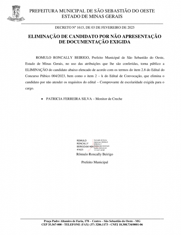 Eliminação de candidato por não apresentação de documentação exigida - Decreto 1615/2025