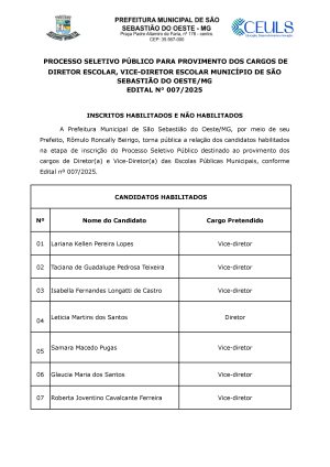Processo Seletivo Público para Provimento dos Cargos de Diretor Escolar, Vice-diretor Escolar Município de são Sebastião do Oeste/MG Edital n° 007/2025