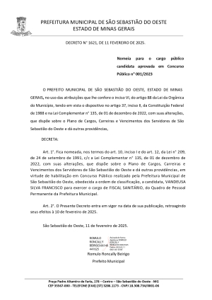 Nomeia para o cargo público candidata aprovada em Concurso Público n° 001/2023 - Decreto n° 1621/2025