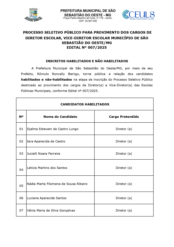 Inscritos Habilitados e Não Habilitados - Processo Seletivo Público para Provimento dos Cargos de Diretor Escolar, Vice-diretor Escolar Município de são Sebastião do Oeste/MG Edital n° 007/2025