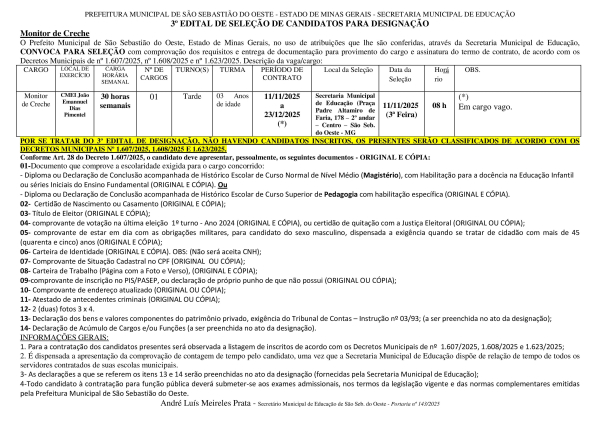 Designação de Monitor de Creche - Edital 03/2025