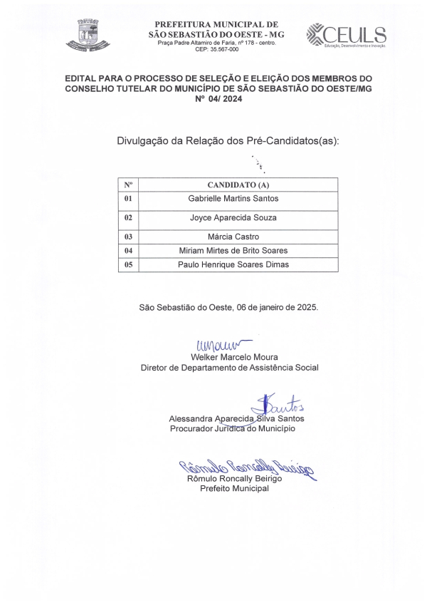 Divulgação da Relação dos Pré-Candidatos(as) - Processo de Seleção e Eleição dos Membros do Conselho Tutelar do Município de São Sebastião do Oeste/MG Nº 04/2024