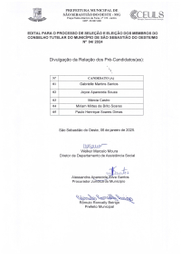 Divulgação da Relação dos Pré-Candidatos(as) - Processo de Seleção e Eleição dos Membros do Conselho Tutelar do Município de São Sebastião do Oeste/MG Nº 04/2024