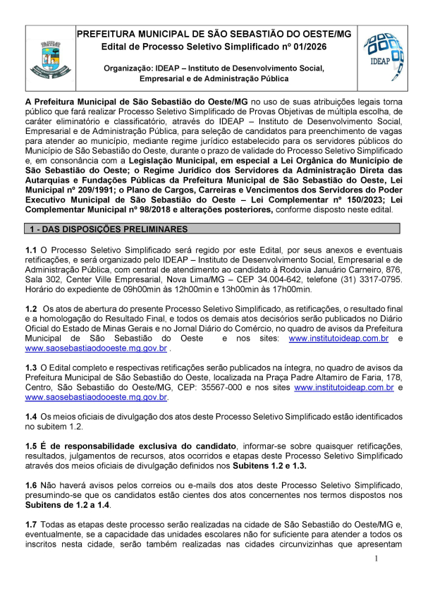 Edital de Processo Seletivo Simplificado nº 01/2026