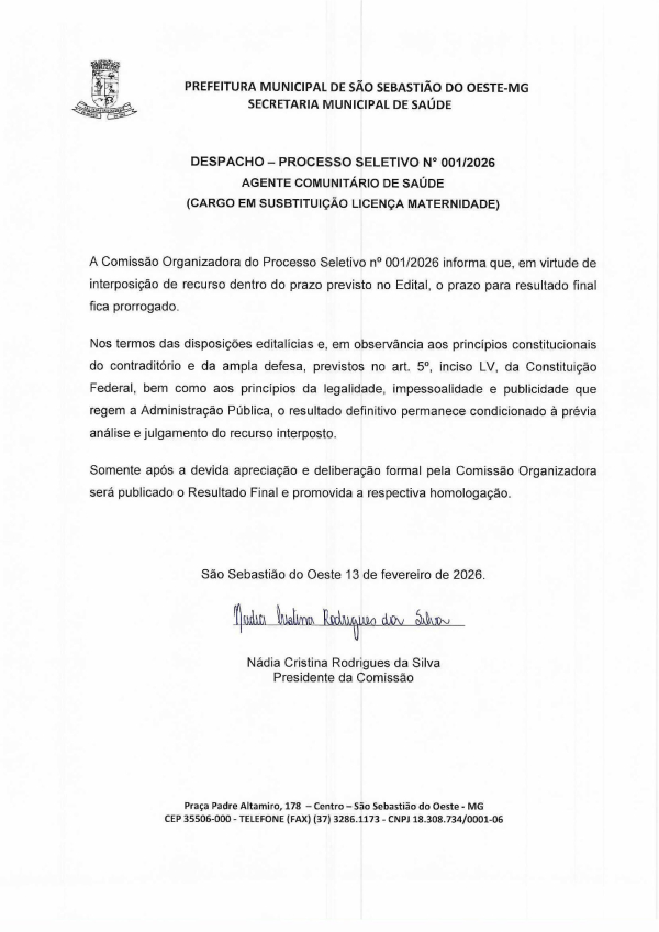 Despacho - Processo Seletivo Nº 001/2026 - Agente Comunitário de Saúde