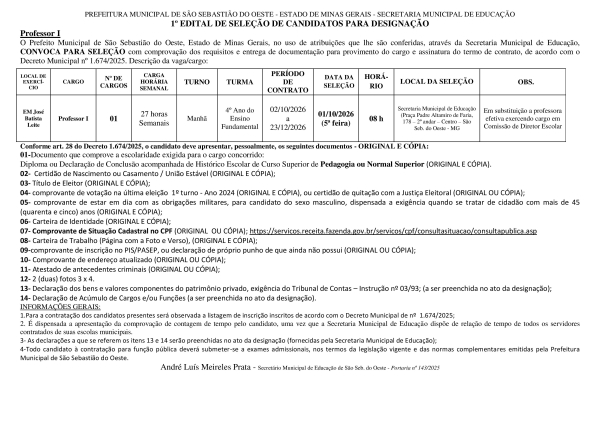 Convocação Professor I - Edital 01/2026 (01.10.2026)