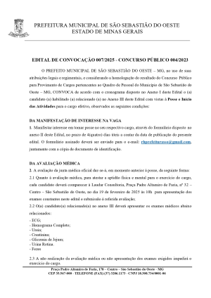 Edital de Convocação 007/2025 - Concurso Público 004/2023