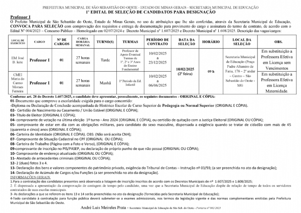 Edital 01/2025 - Convocação Professor I