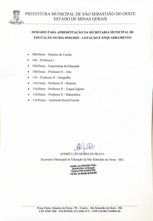 Horário para apresentação na Secretária Municipal de Educação no dia 05/02/2025 - Lotação e Enquadramento