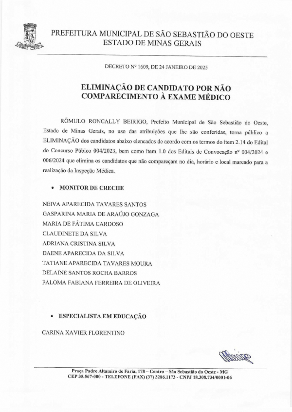 Eliminação de candidato por não comparecimento à exame médico - Decreto Nº 1609