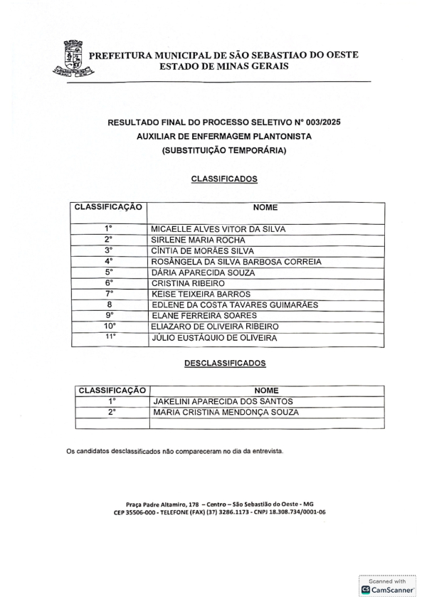 Resultado Final do Processo Seletivo N° 003/2025 - Auxiliar de Enfermagem Plantonista (Substituição Temporária)