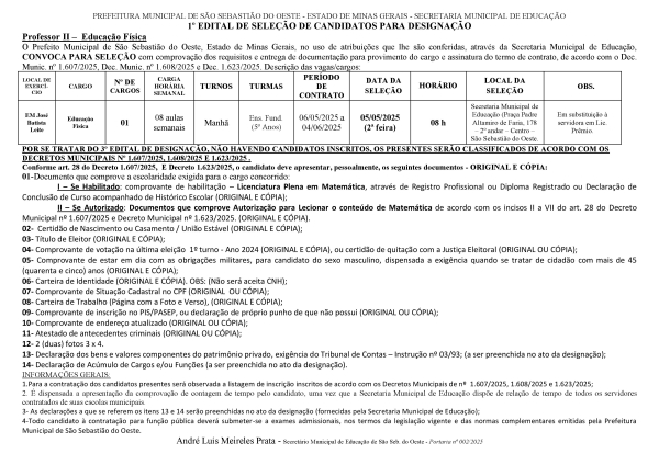 Seleção e convocação de Professor II - Ed. Física - Em subst. (Edital 01/2025)