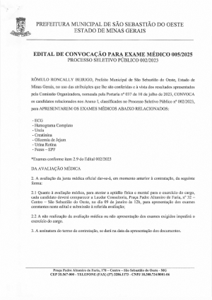Edital de Convocação para Exame Médico 005/2025 - Processo Seletivo Público 002/2023