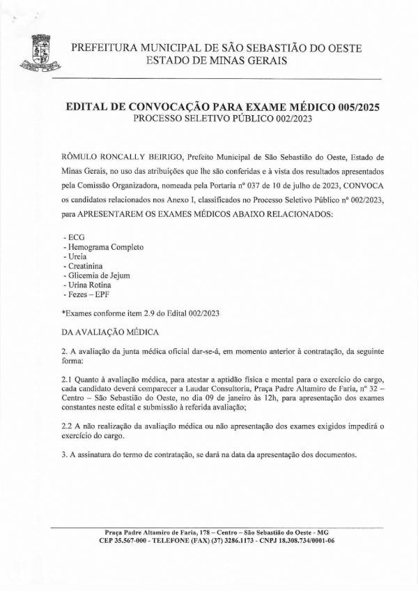 Edital de Convocação para Exame Médico 005/2025 - Processo Seletivo Público 002/2023
