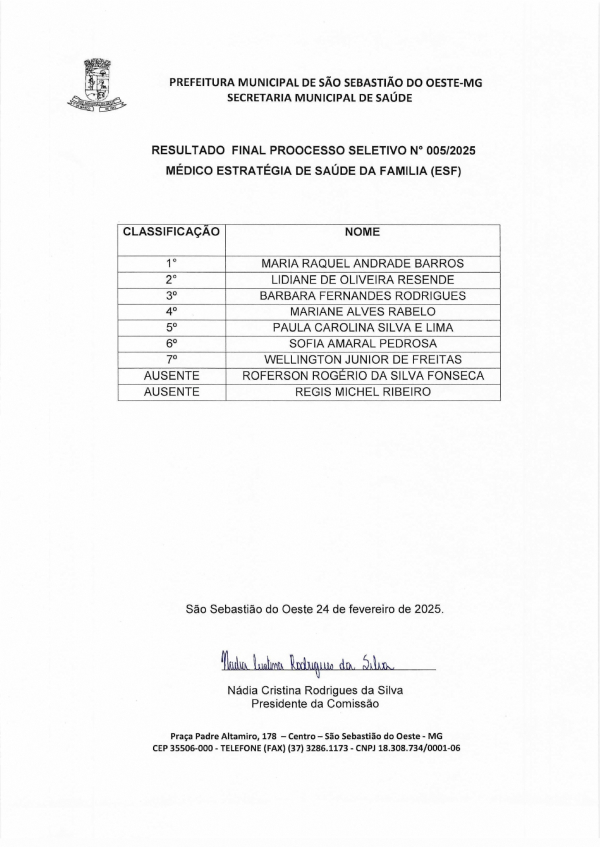 Resultado Final Processo Seletivo Nº 005/2025 - Médico Estratégia de Saúde da Família (ESF)