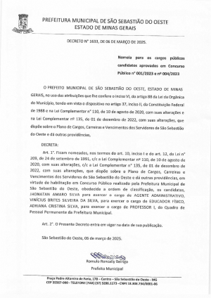 Nomeiam para os cargos públicos candidatos aprovados em Concurso Público n° 001/2023 e n° 004/2023 - Decreto 1633/2025
