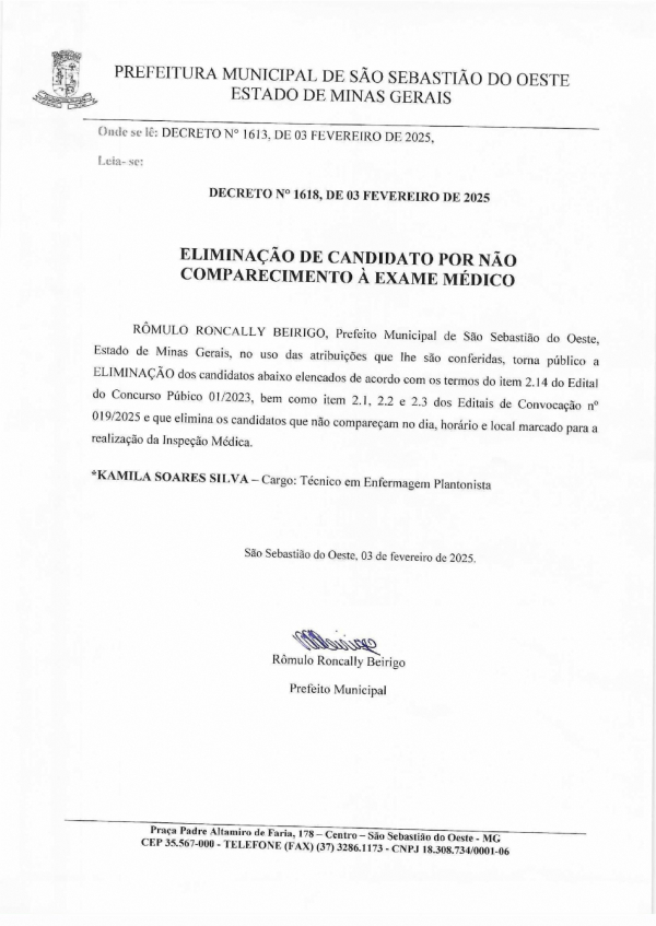 Eliminação de candidato por não comparecimento à exame médico - Decreto Nº 1618/2025