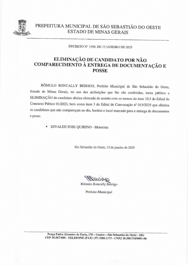 Eliminação de candidato por não comparecimento à entrega de documentação e posse