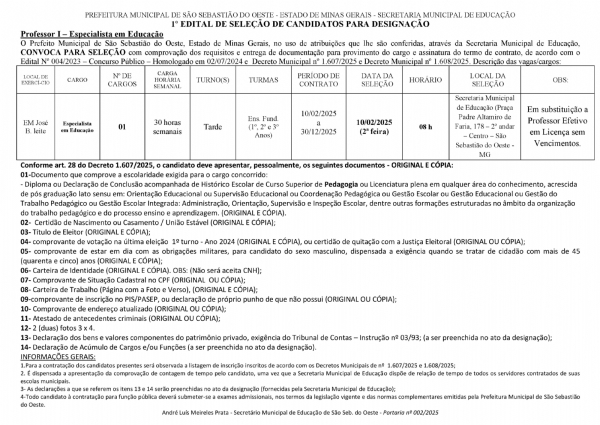 Edital 01/2025 - Convocação de Especialista em Educação
