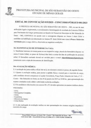 Edital de Convocação n° 019/2025 - Concurso Público 001/2023