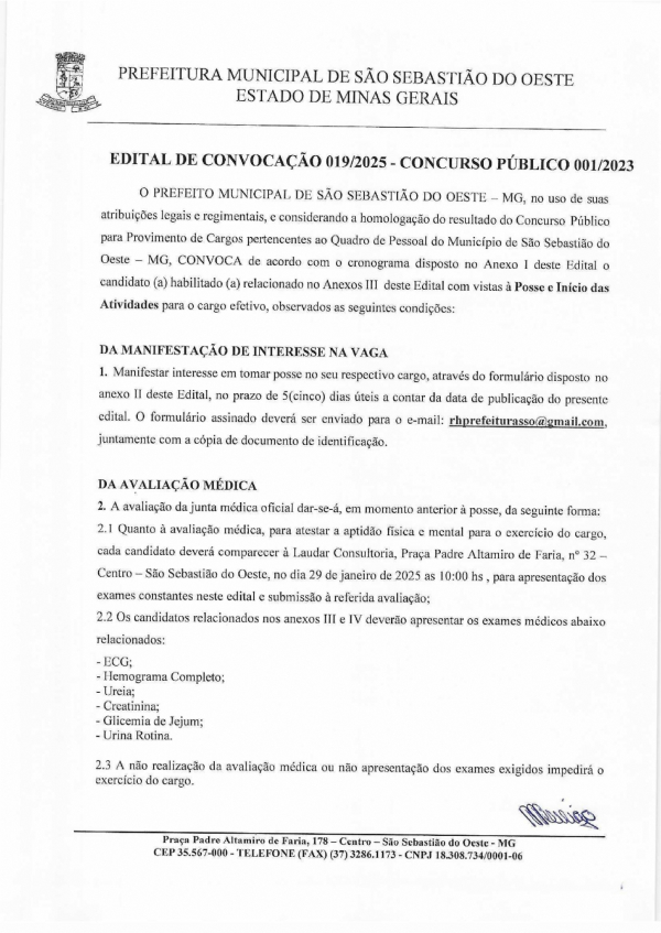 Edital de Convocação n° 019/2025 - Concurso Público 001/2023