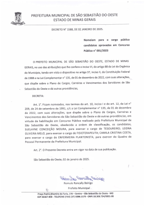 Nomeia para o cargo público candidata aprovada em Concurso Público n° 001/2023 -  Decreto 1588/2025