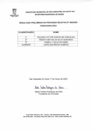 Resultado Preliminar do Processo Seletivo N° 006/2025 - Fonoaudiólogo