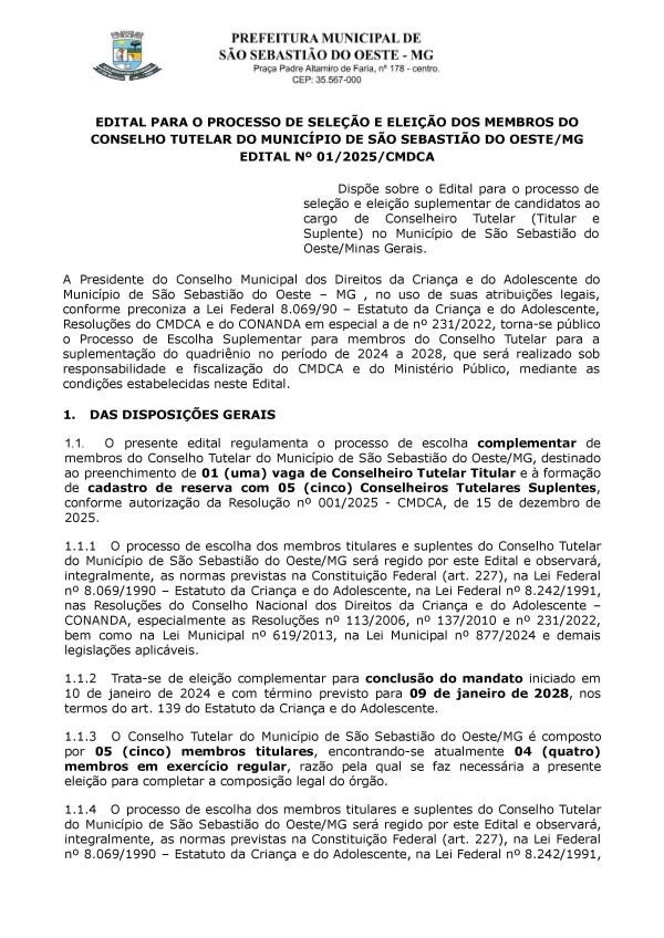 Processo de Seleção e Eleição Suplementar de Candidatos ao Cargo de Conselheiro Tutelar (Titular e Suplente) - Edital 01/2025/CMDCA