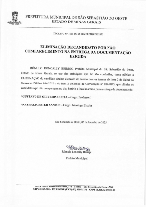 Eliminação de candidato por não comparecimento na entrega da documentação exigida - Decreto 1620/2025