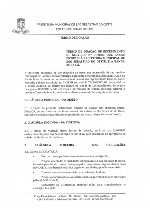 Termo de doação de recebimento de serviços nº 01/2025, que fazem entre si a Prefeitura Municipal de São Sebastião do Oeste, e a Banda Bora Lá.