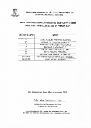 Resultado Preliminar Processo Seletivo N° 005/2025 - Médico Estratégia de Saúde da Família (ESF)