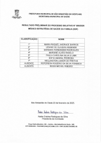 Resultado Preliminar Processo Seletivo N° 005/2025 - Médico Estratégia de Saúde da Família (ESF)