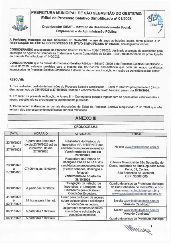 Retificação - Agente de Combate às Endemias e Agente Comunitário de Saúde ESF - Edital Processo Seletivo Nº 01/2026