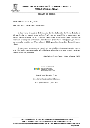 Errata de Edital (Edital 01/2026 Modalidade: Processo Seletivo)