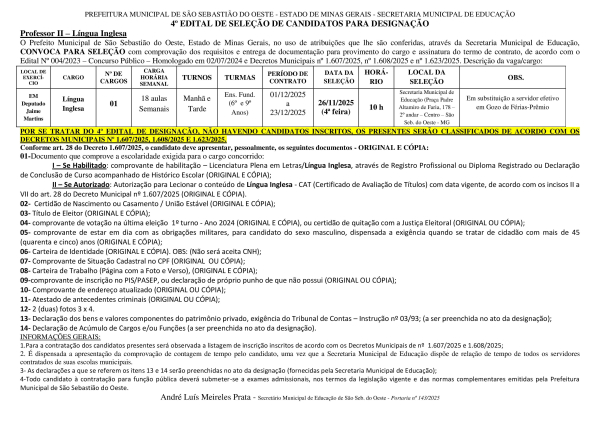 Convocação Professor II (Língua Inglesa) - Em Substituição - Edital 04/2025