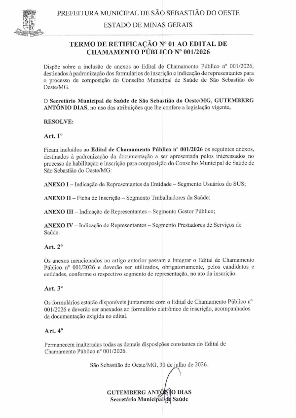 Termo de Retificação nº 01 ao Edital de Chamamento Público nº 01/2026