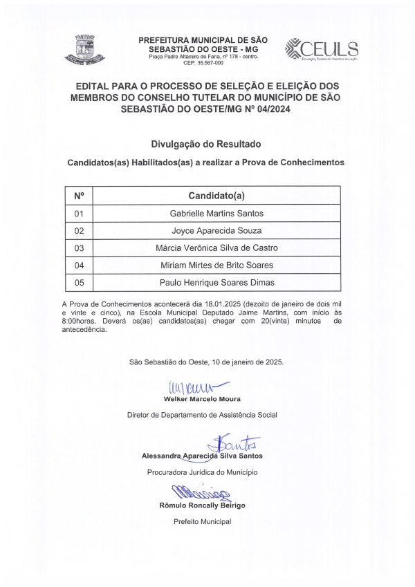 Divulgação do Resultado - Edital para o Processo de Seleção e Eleição dos Membros do Conselho Tutelar do Município de São Sebastião do Oeste/MG Nº 04/2024