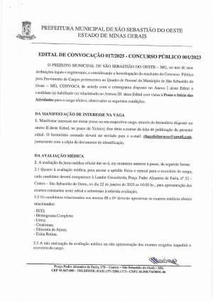 Edital de Convocação 017/2025 - Concurso Público 001/2023