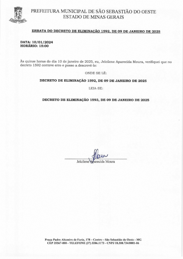 Errata do Decreto de Eliminação 1592, de 09 de janeiro de 2025