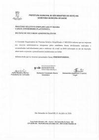 Resultado de Recursos Administrativos - Enfermeiro Plantonista (Processo Seletivo nº 002/2026)